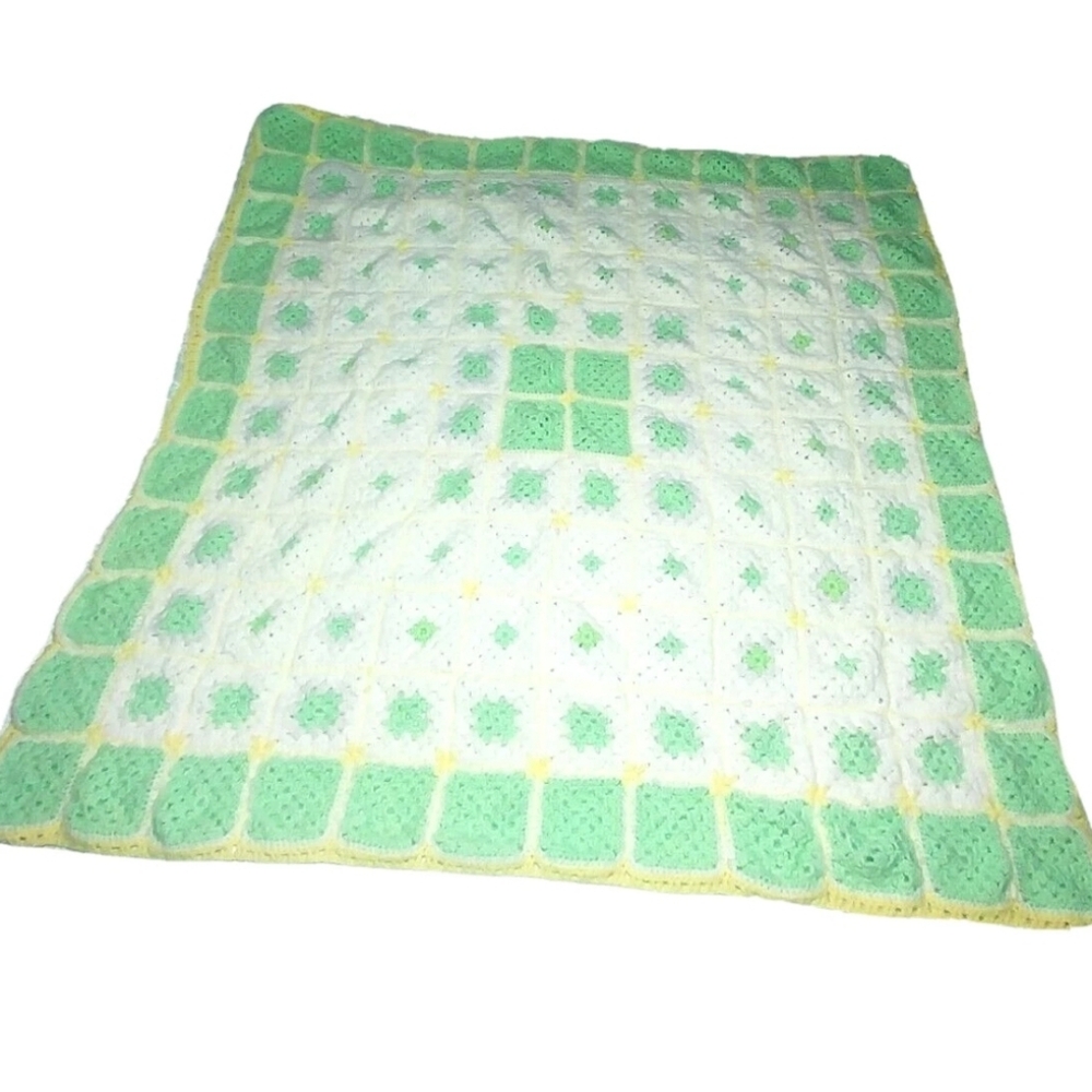 Hand Knit Crochet Blanket, Crib/Twin Green White Yellow 39"x40" Project Linus - Picture 3 of 7